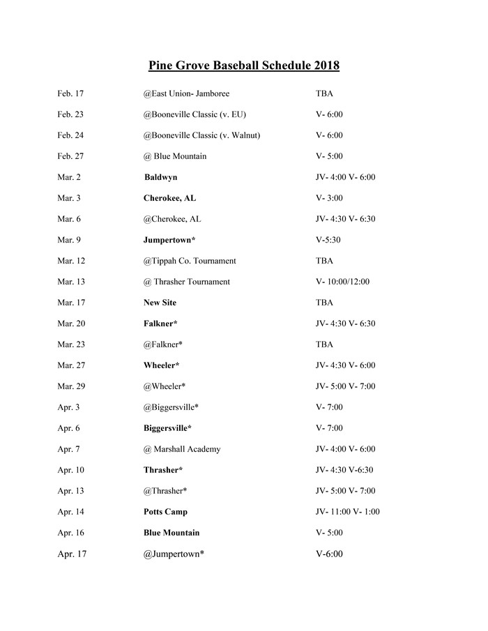 HS Baseball Schedule 2018