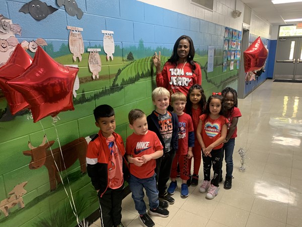 Kindergarteners on Red Day for Red Ribbon Week 2022
