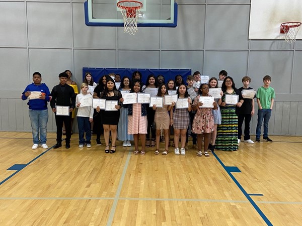 Middle School (7-8) Awardees
These students received awards for Proficient and Advanced scores on last years state tests and/or highest scores in current classes. Some students also received an award for A or AB Honor Roll. 