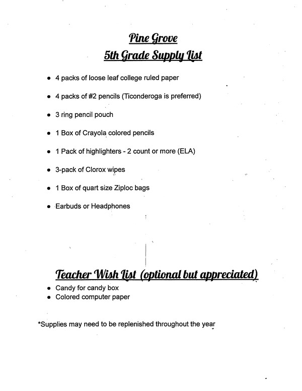 5th Grade Supply List